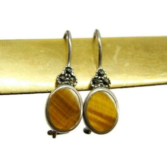 925 Tiger Eye Earrings Hook Drop Dangle Sterling Silver Vintage Patina - Picture 1 of 8